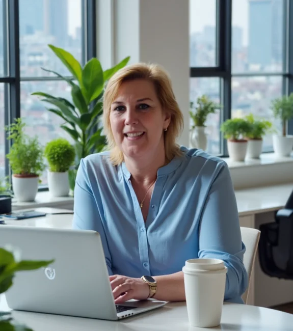 Allette van Bruggen achter haar laptop op kantoor