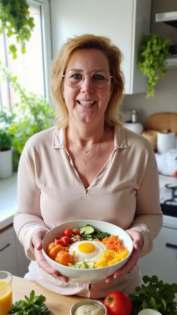 Allette van Bruggen in de keuken met een gezonde maaltijd